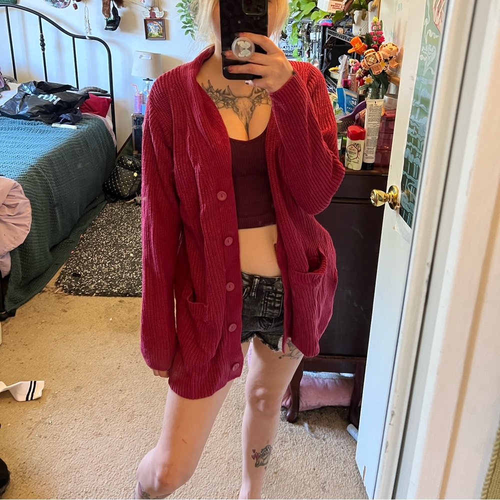 Pink vintage button up sweater large